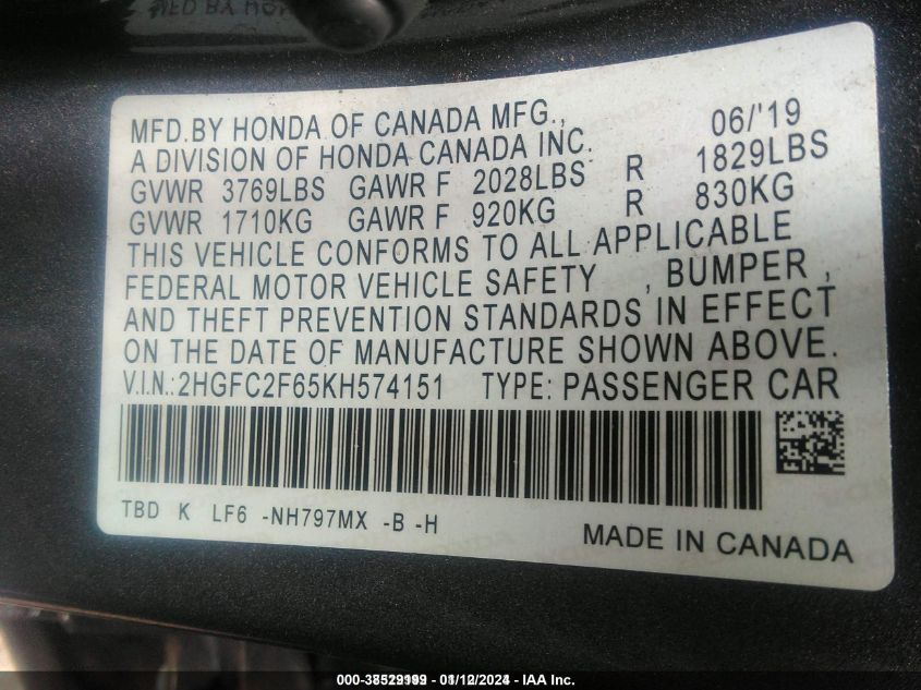 2019 HONDA CIVIC LX - 2HGFC2F65KH574151
