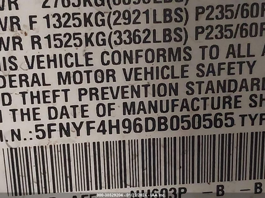 2013 HONDA PILOT TOURING - 5FNYF4H96DB050565
