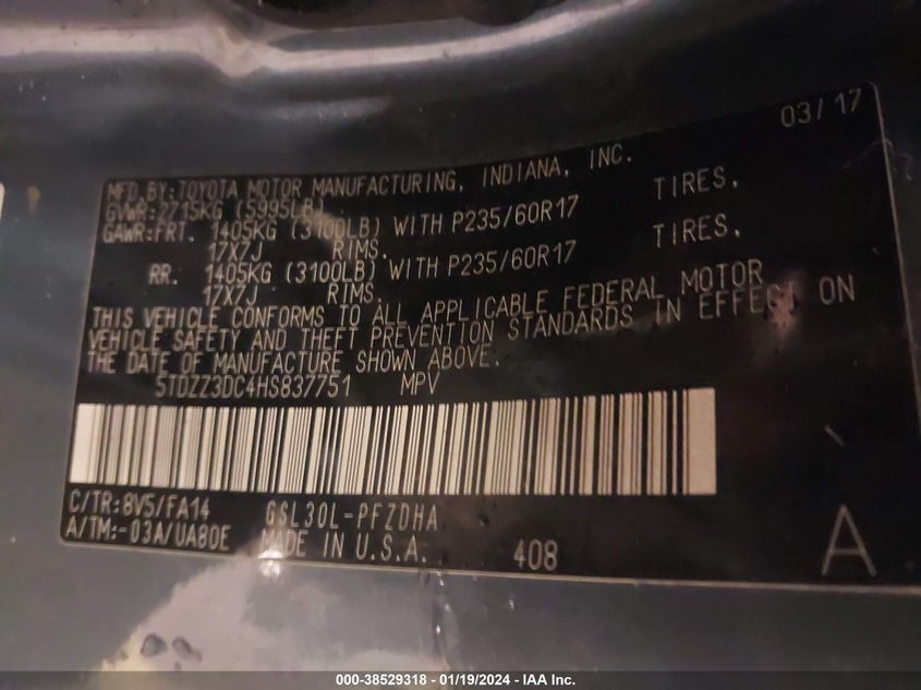 VIN 5TDZZ3DC4HS837751 2017 TOYOTA SIENNA