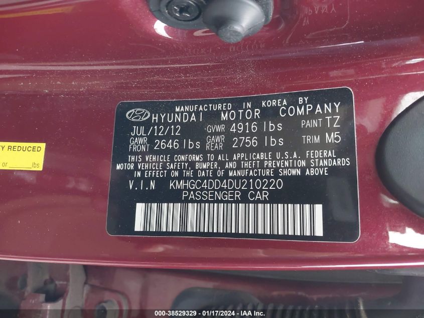 2013 HYUNDAI GENESIS 3.8L - KMHGC4DD4DU210220