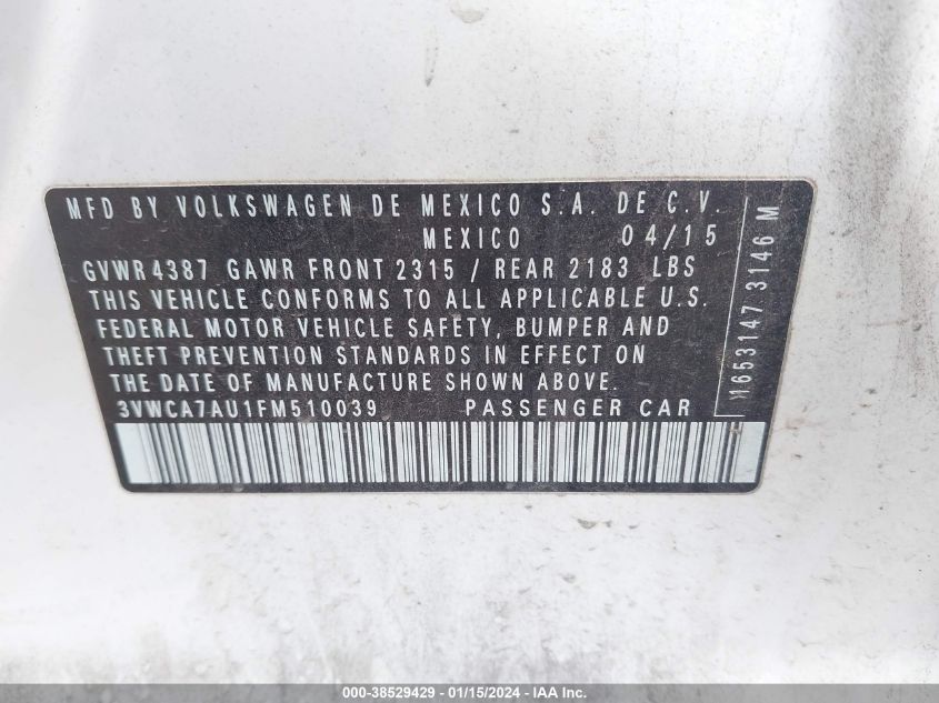 2015 VOLKSWAGEN GOLF SPORTWAGEN TDI SE 4-DOOR - 3VWCA7AU1FM510039