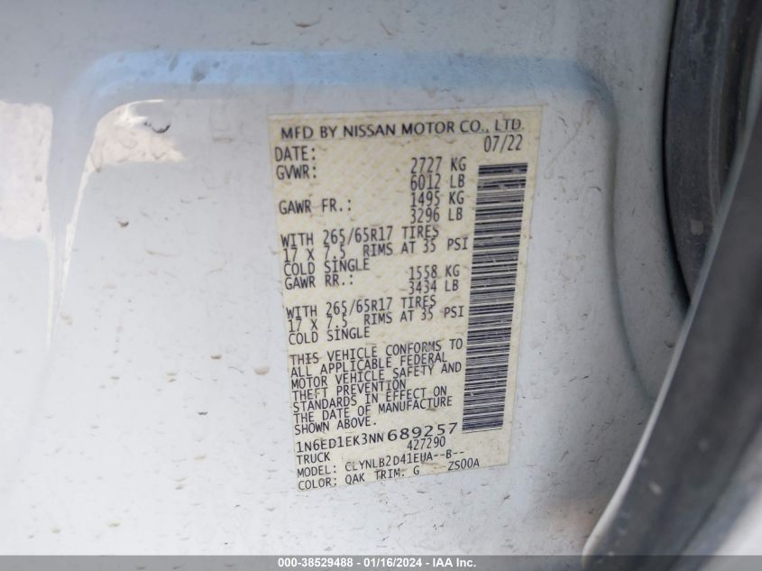 2022 NISSAN FRONTIER SV 4X4 - 1N6ED1EK3NN689257
