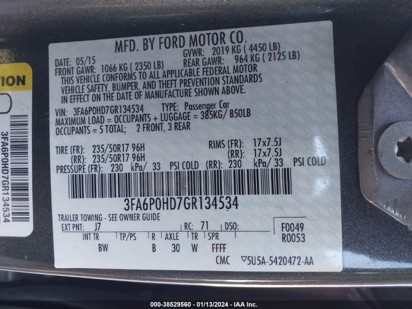 2016 FORD FUSION SE - 3FA6P0HD7GR134534