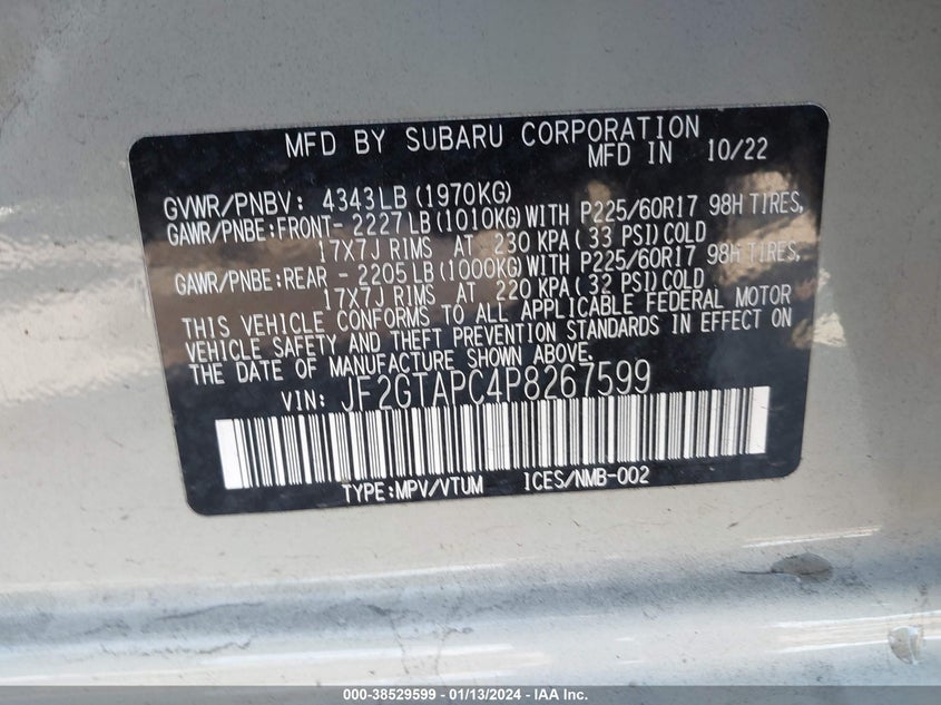 VIN JF2GTAPC4P8267599 2023 SUBARU CROSSTREK PREMIUM