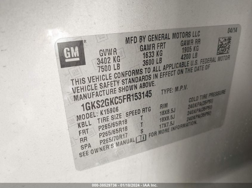 2015 GMC YUKON XL 1500 SLE 1GKS2GKC5FR153145