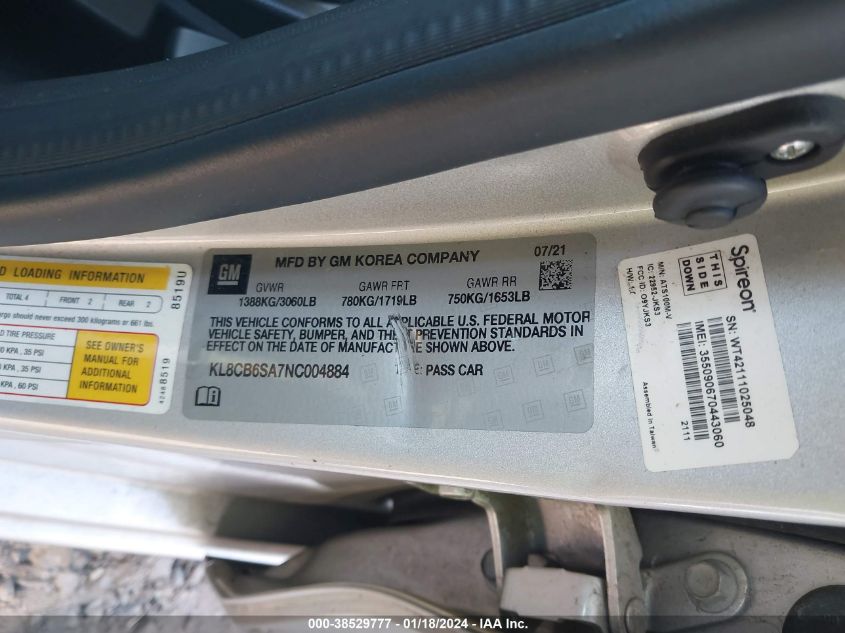 2022 CHEVROLET SPARK FWD LS AUTOMATIC - KL8CB6SA7NC004884