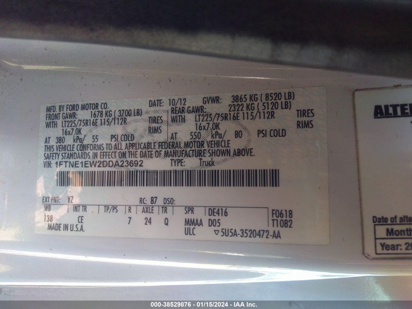 2013 FORD E-150 COMMERCIAL 1FTNE1EW2DDA23692