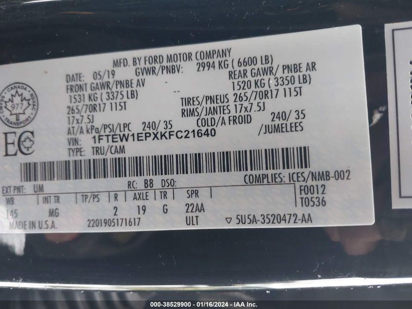 2019 FORD F-150 XLT - 1FTEW1EPXKFC21640
