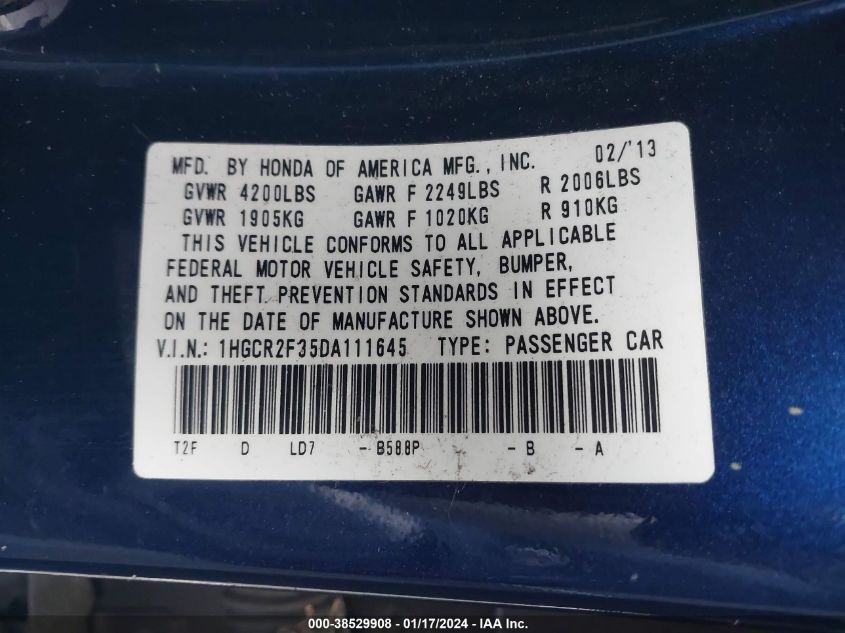2013 HONDA ACCORD LX - 1HGCR2F35DA111645