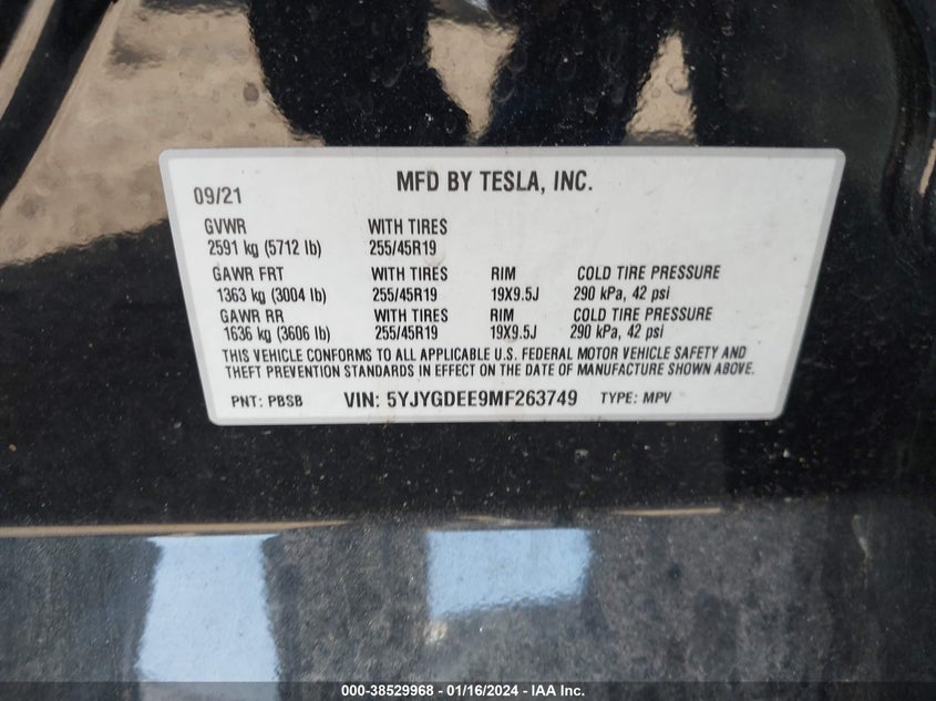 VIN 5YJYGDEE9MF263749 2021 TESLA MODEL Y LONG RANGE DUAL MOTOR ALL-WHEEL DRIVE