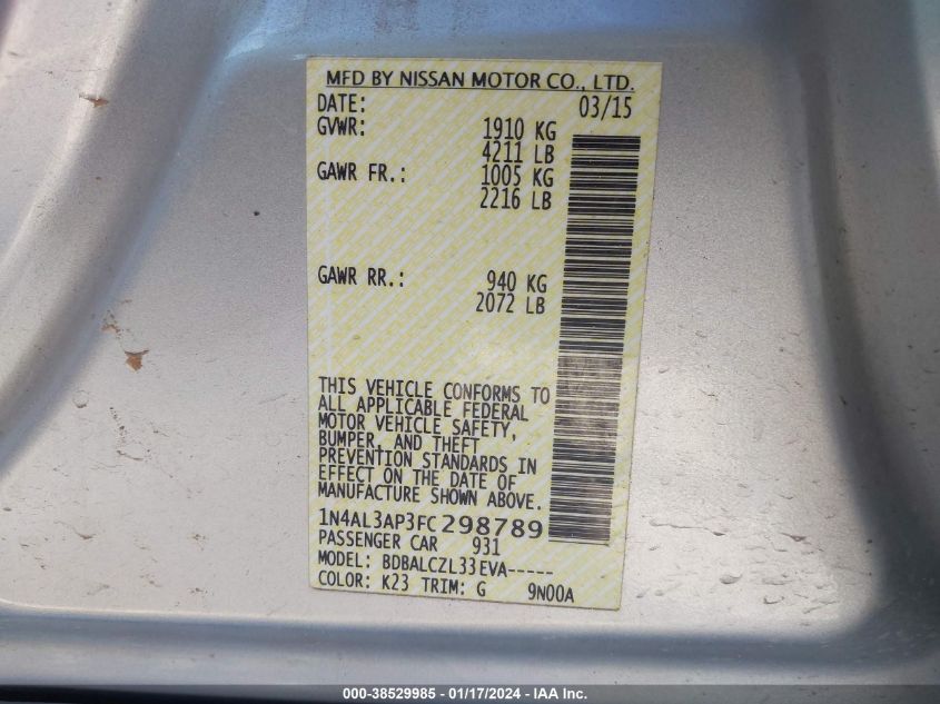 2015 NISSAN ALTIMA 2.5/2.5 S/2.5 SL/2.5 SV - 1N4AL3AP3FC298789