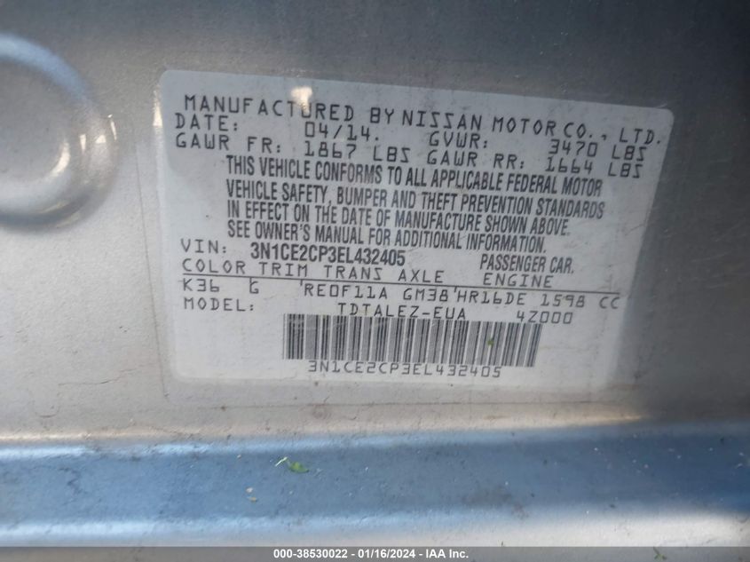 2014 NISSAN VERSA NOTE S (SR)/S PLUS/SV - 3N1CE2CP3EL432405