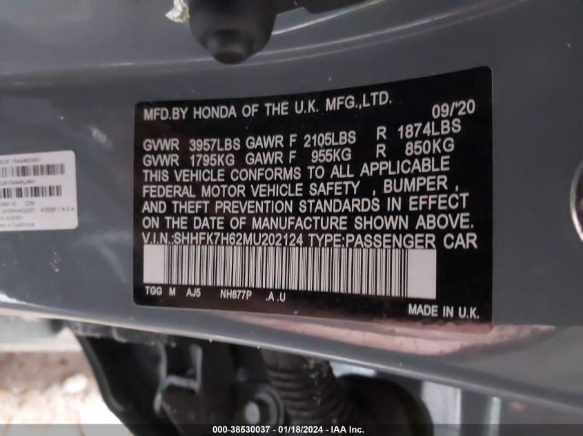2021 HONDA CIVIC EX - SHHFK7H62MU202124
