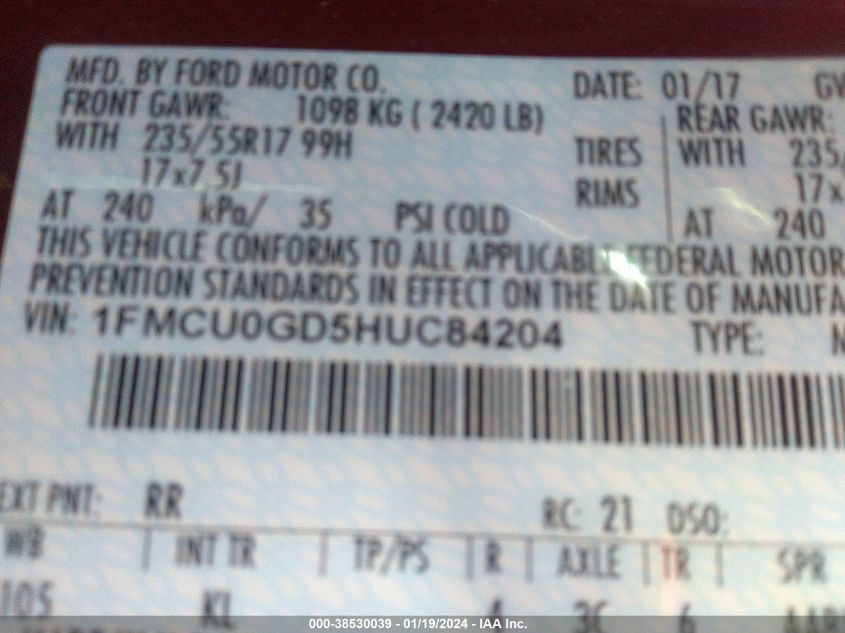 2017 FORD ESCAPE SE - 1FMCU0GD5HUC84204