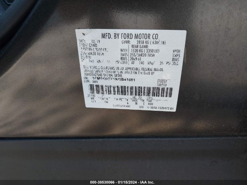 2019 FORD EXPLORER SPORT - 1FM5K8GT1KGB41681