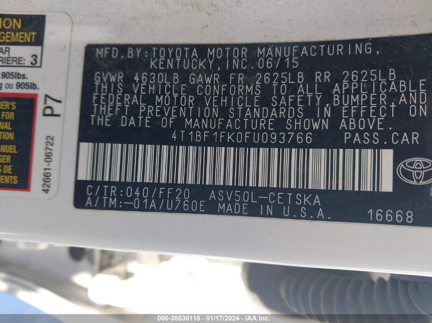 2015 TOYOTA CAMRY LE/XLE/SE/XSE - 4T1BF1FK0FU093766