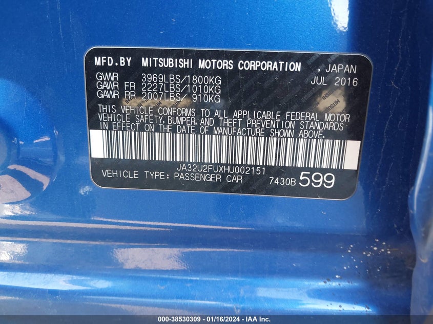 VIN JA32U2FUXHU002151 2017 MITSUBISHI LANCER ES