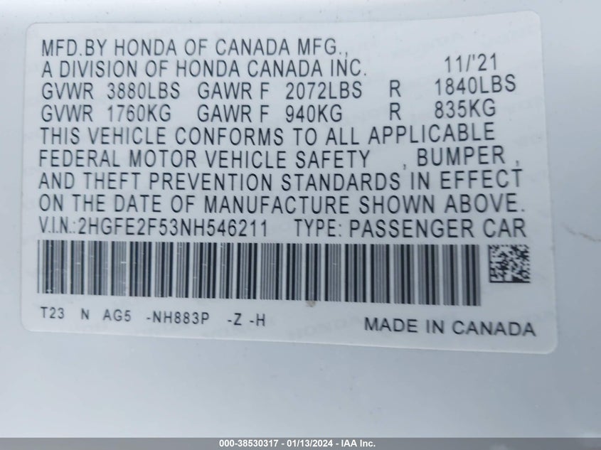 VIN 2HGFE2F53NH546211 2022 HONDA CIVIC SPORT