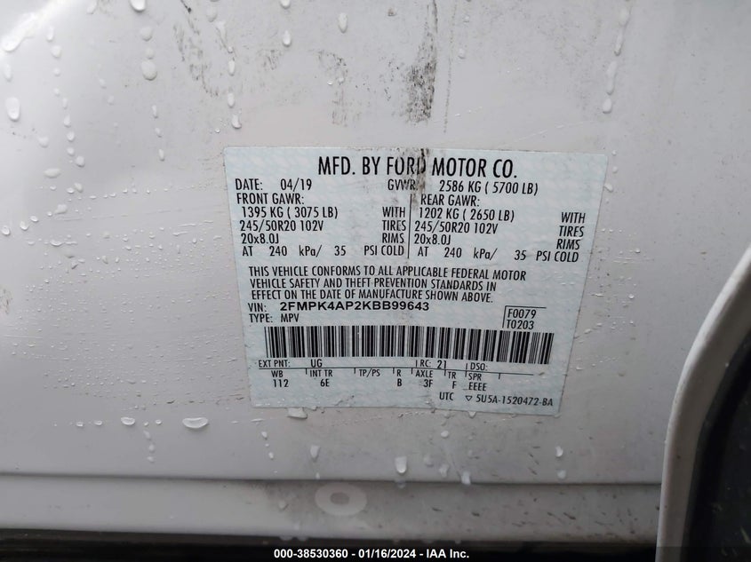 VIN 2FMPK4AP2KBB99643 2019 FORD EDGE ST
