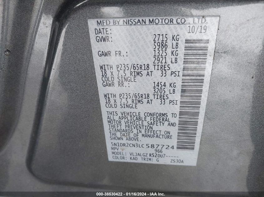 2020 NISSAN PATHFINDER SL 2WD - 5N1DR2CN3LC587724