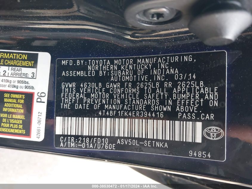 2014 TOYOTA CAMRY LE - 4T4BF1FK4ER394416