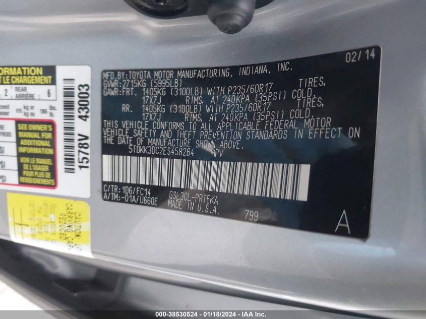 2014 TOYOTA SIENNA LE V6 8 PASSENGER - 5TDKK3DC2ES458264