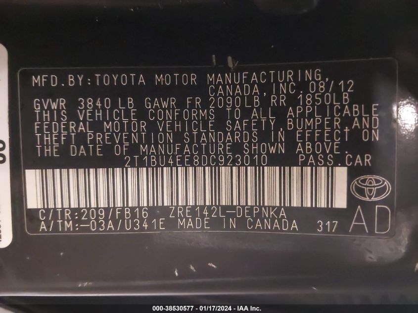 2013 TOYOTA COROLLA LE - 2T1BU4EE8DC923010