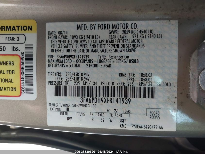 2015 FORD FUSION SE - 3FA6P0H9XFR141939