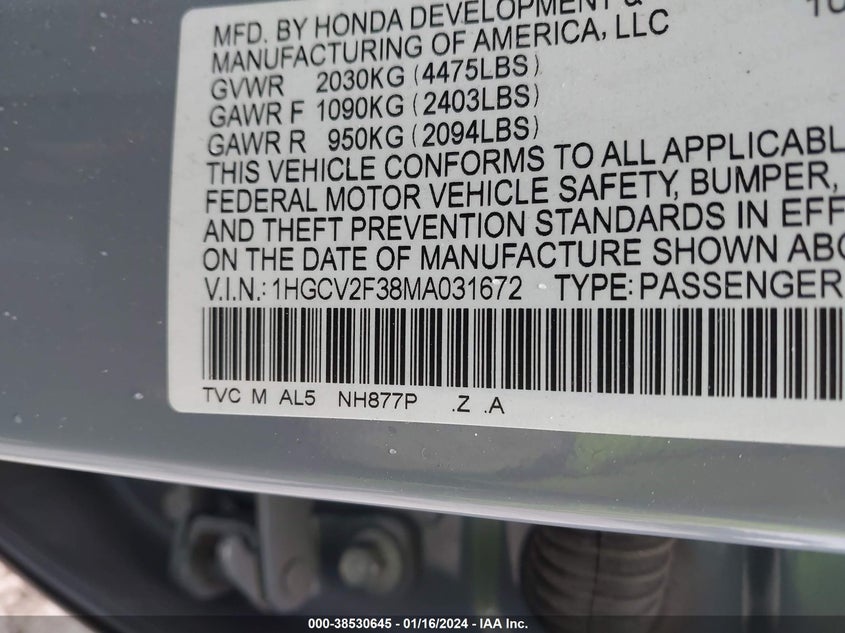VIN 1HGCV2F38MA031672 2021 HONDA ACCORD SPORT