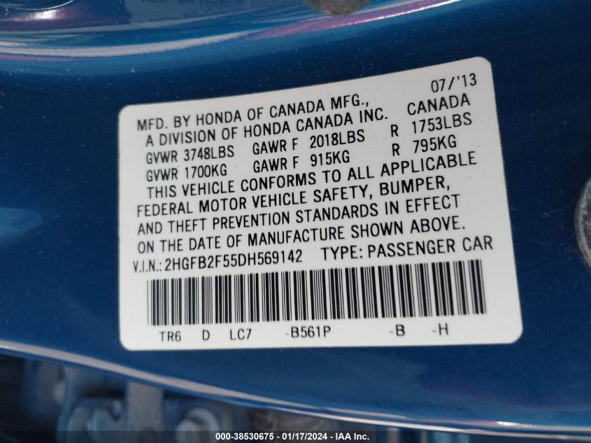 2013 HONDA CIVIC LX - 2HGFB2F55DH569142
