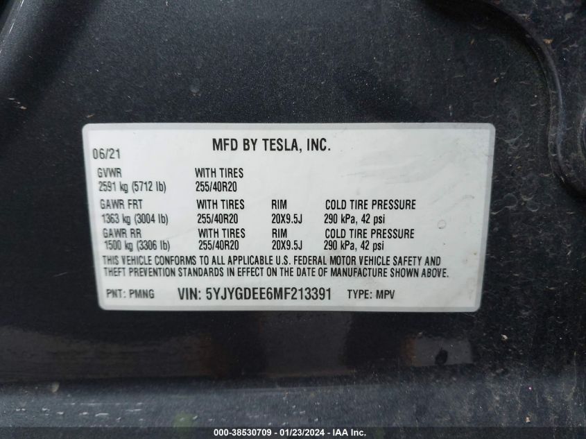 2021 TESLA MODEL Y LONG RANGE DUAL MOTOR ALL-WHEEL DRIVE - 5YJYGDEE6MF213391