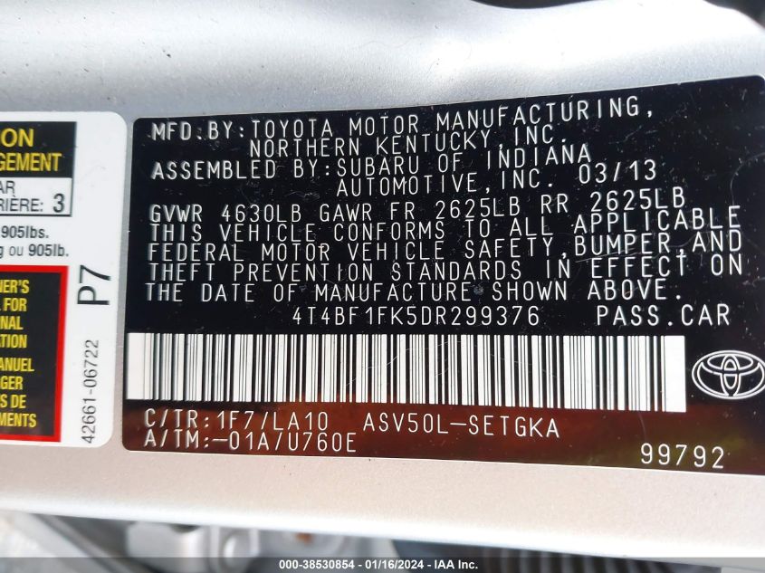 2013 TOYOTA CAMRY L/SE/LE/XLE - 4T4BF1FK5DR299376