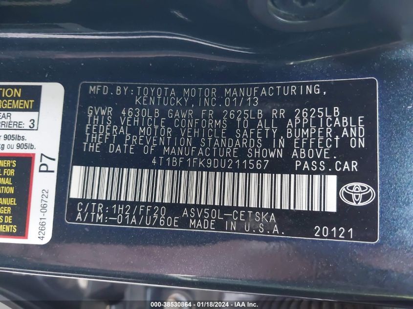 2013 TOYOTA CAMRY SE - 4T1BF1FK9DU211567