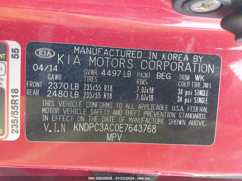 2014 KIA SPORTAGE EX - KNDPC3AC0E7643768
