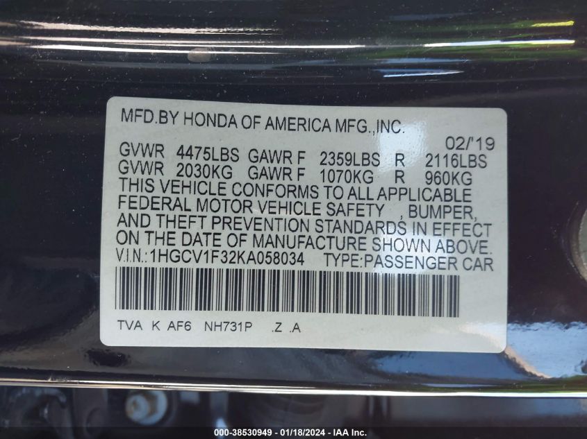 2019 HONDA ACCORD SPORT - 1HGCV1F32KA058034