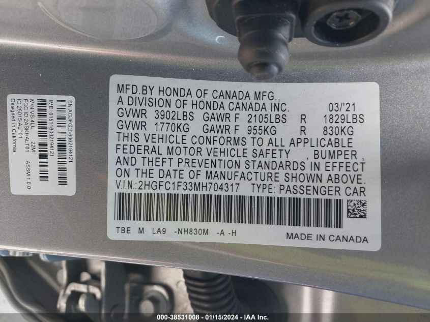 2021 HONDA CIVIC EX - 2HGFC1F33MH704317