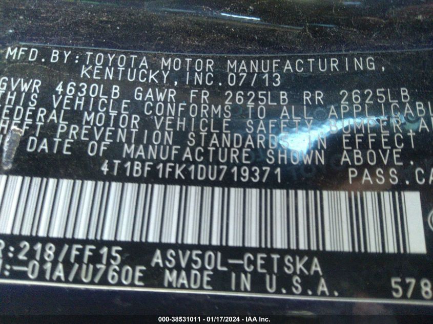 2013 TOYOTA CAMRY L/SE/LE/XLE - 4T1BF1FK1DU719371