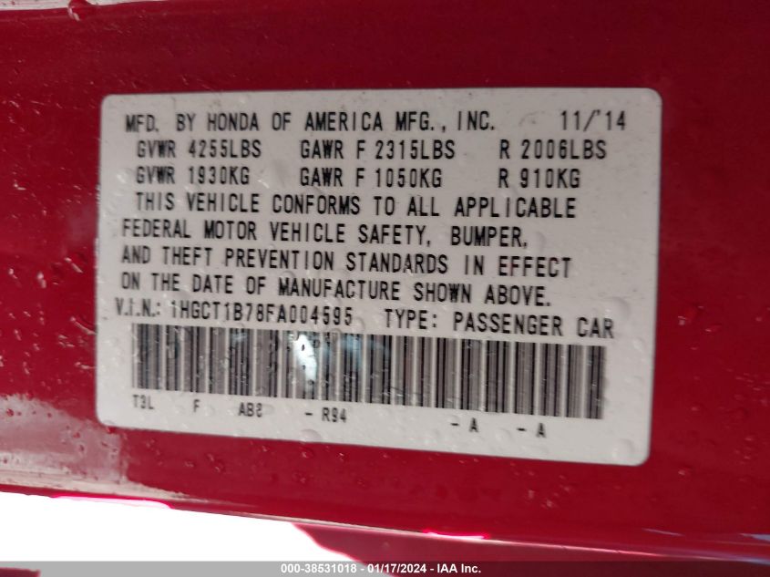 2015 HONDA ACCORD EX - 1HGCT1B78FA004595