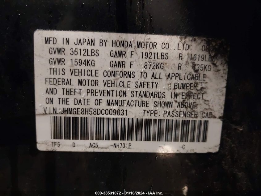 2013 HONDA FIT SPORT - JHMGE8H58DC009031