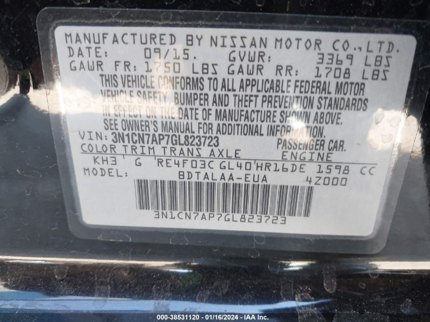 2016 NISSAN VERSA 1.6 S - 3N1CN7AP7GL823723