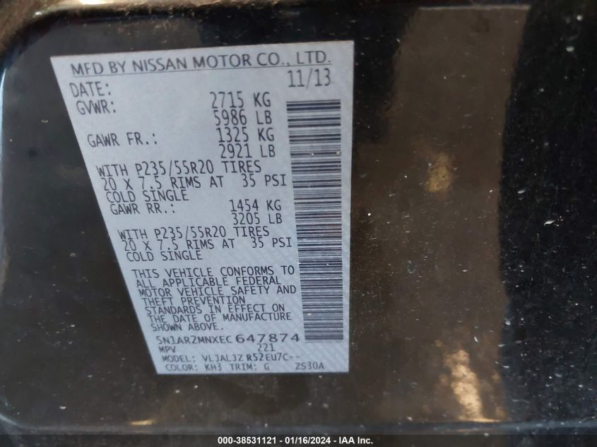 2014 NISSAN PATHFINDER PLATINUM - 5N1AR2MNXEC647874