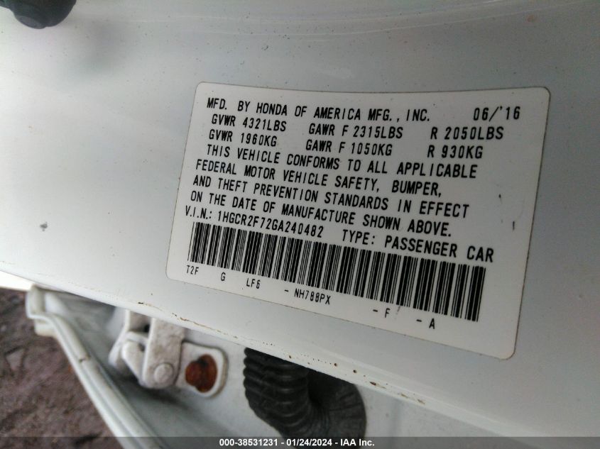 2016 HONDA ACCORD EX - 1HGCR2F72GA240482