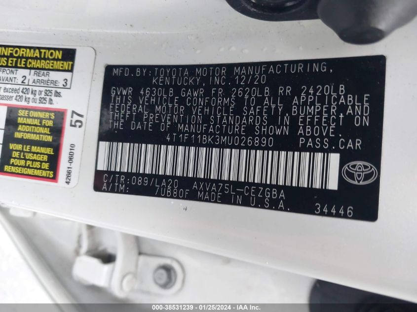 2021 TOYOTA CAMRY XLE AWD - 4T1F11BK3MU026890