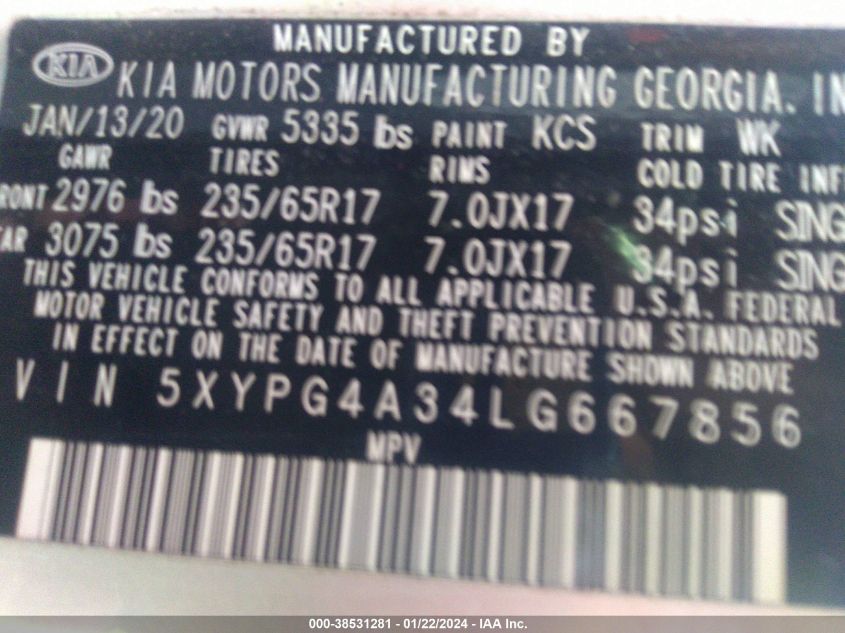 2020 KIA SORENTO 2.4L LX - 5XYPG4A34LG667856