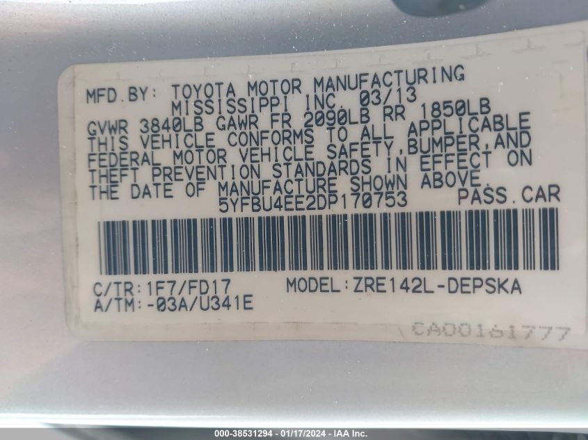 2013 TOYOTA COROLLA S/LE - 5YFBU4EE2DP170753