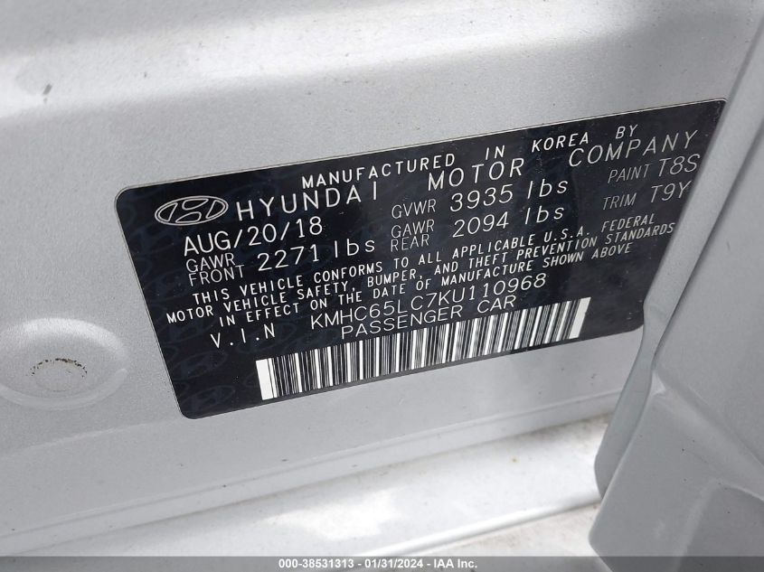 2019 HYUNDAI IONIQ HYBRID BLUE - KMHC65LC7KU110968