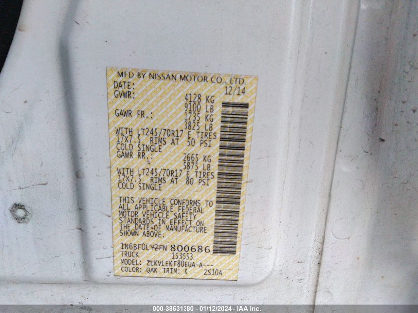 2015 NISSAN NV 2500 - 1N6BF0LY2FN800686