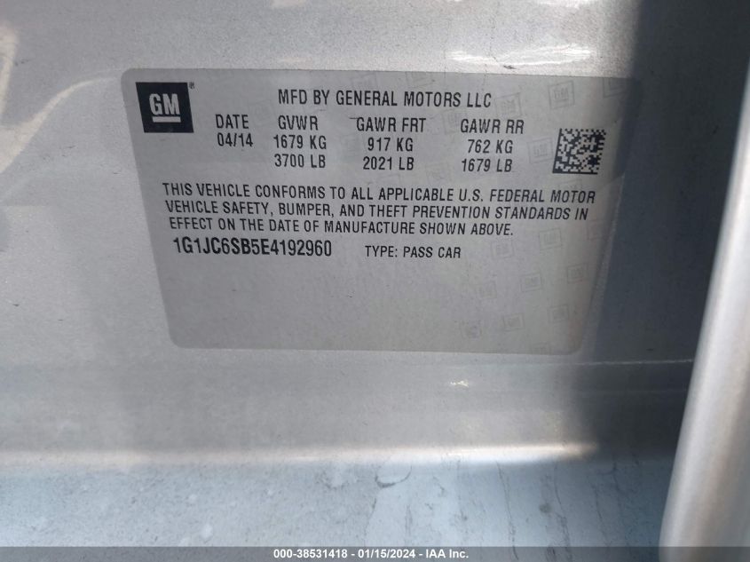 2014 CHEVROLET SONIC LT - 1G1JC6SB5E4192960