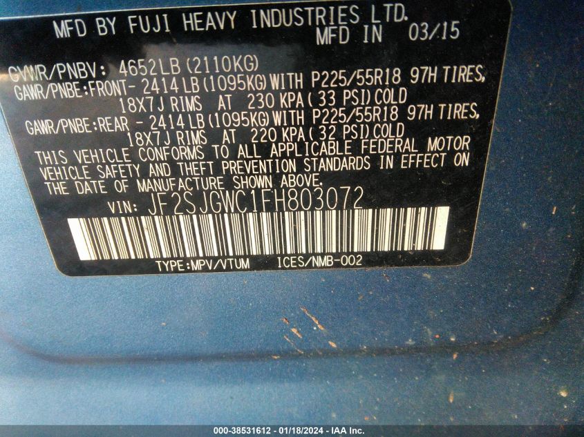 2015 SUBARU FORESTER 2.0XT TOURING - JF2SJGWC1FH803072