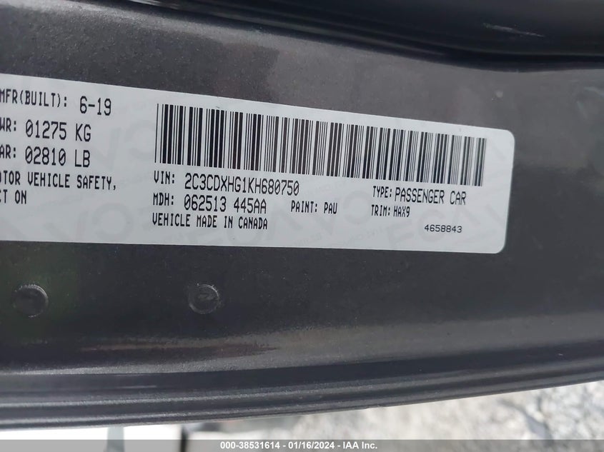 VIN 2C3CDXHG1KH680750 2019 DODGE CHARGER GT